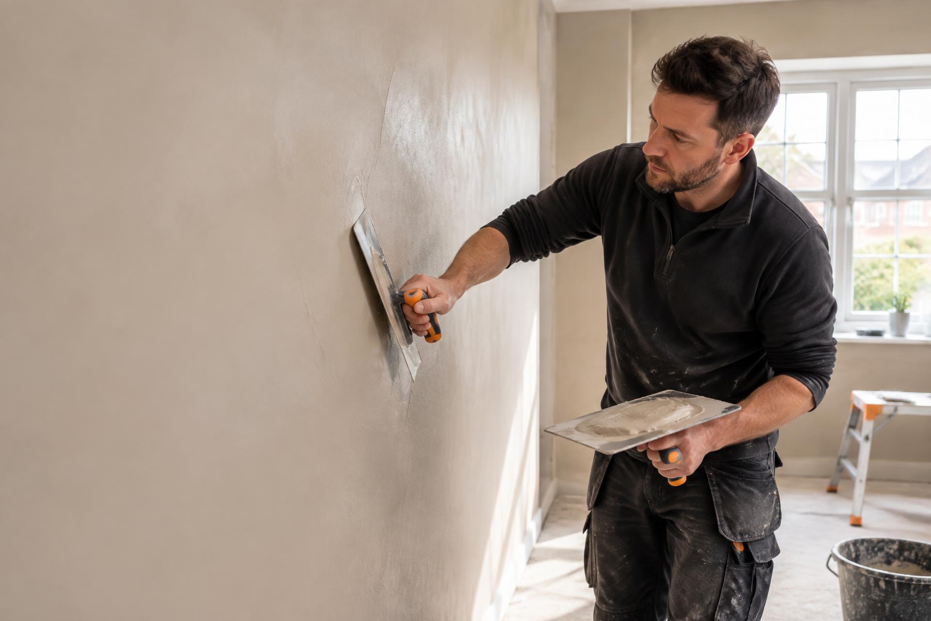 A plasterer smoothing a freshly plastered interior wall