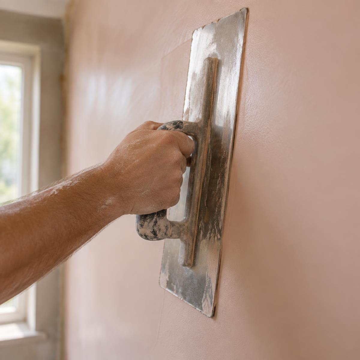 Plasterer making a final smooth pass with a finishing trowel